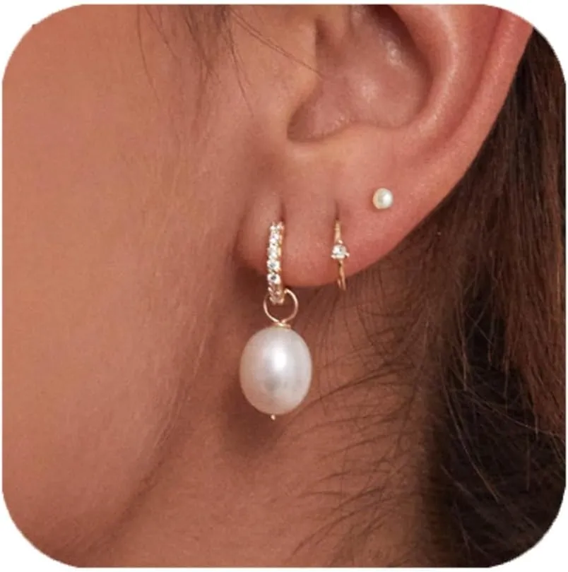 Pearl Earrings for Women, Staligue 14k Gold Plated Pearl Drop Hoop Earrings 3 Pairs Dangle Earring Stacks for Women Trendy Hypoallergenic Sterling Silver Stud Earring Dainty Gold Wedding Jewelry