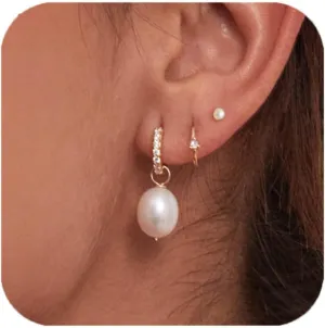 Pearl Earrings for Women, Staligue 14k Gold Plated Pearl Drop Hoop Earrings 3 Pairs Dangle Earring Stacks for Women Trendy Hypoallergenic Sterling Silver Stud Earring Dainty Gold Wedding Jewelry