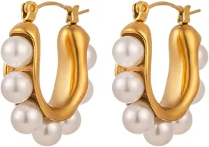 Pearl Hoop Earrings for Women 14K Gold Plated Huggie Hoops Pearls Earrings Dainty Ear Jewelry Gifts Wedding Earrings