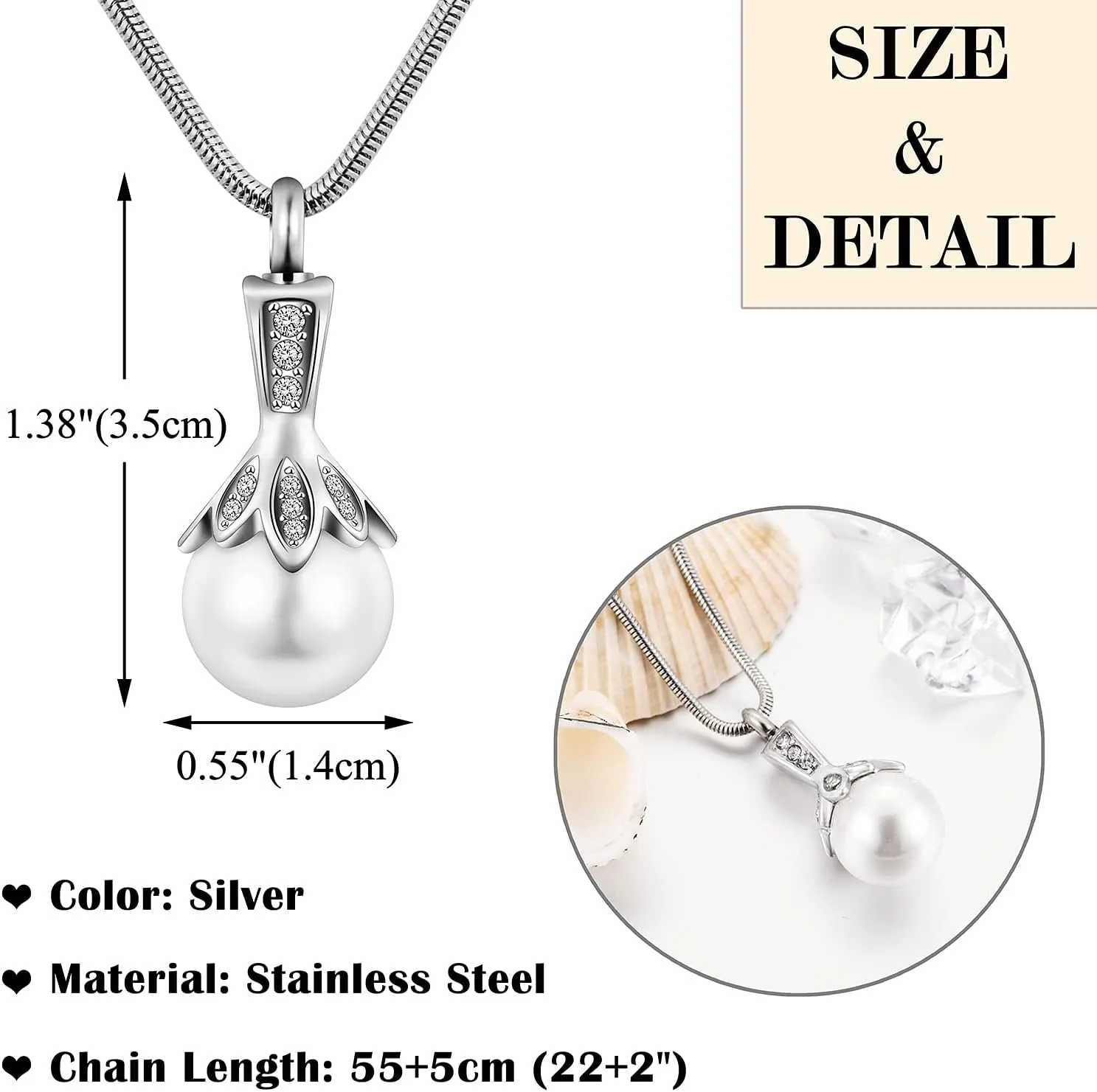 Pearl Urn Necklace for Human Ashes Memorial Cremation Jewelry Necklaces Stainless Steel Ashes Necklace for Women