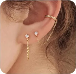Pencros Ear Cuff Chain Earrings for Women Trendy, 14K Gold Plated Minimalist Chain Diamond Studs Earrings for Women Hypoallergenic Lightweight Stackable Earrings for Women Gift Jewelry