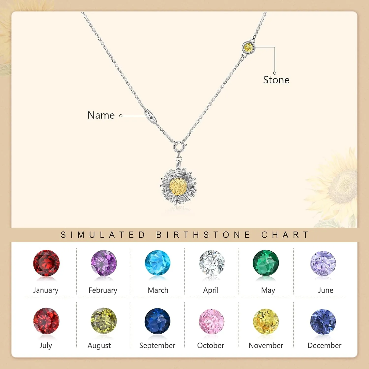 Personalized Name Sunflower Necklace with Birthstones Custom Name Necklace for Women Sunflower Jewelry Birthday Sunflower Gift for Girlfriend Mother