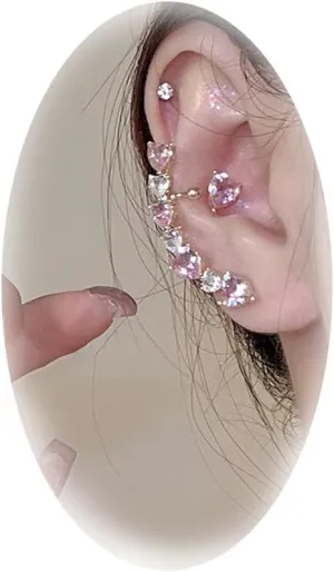 Pink Heart Earrings For Women Pink Crystal Love Heart Cartilage Ear Cuffs For Non Piercing Rhinestone Earrings Jewelry Mother's Day Valentine's Day (Pink)