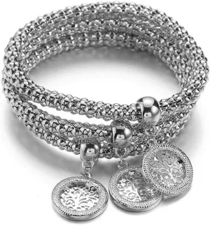 PJ Tree of Life Stretch Bracelets Set for Women Girls - Multilayer Corn Chain Crystal Charm Bracelet, Silver Rose Gold Plated Fashion Gemstone Jewelry