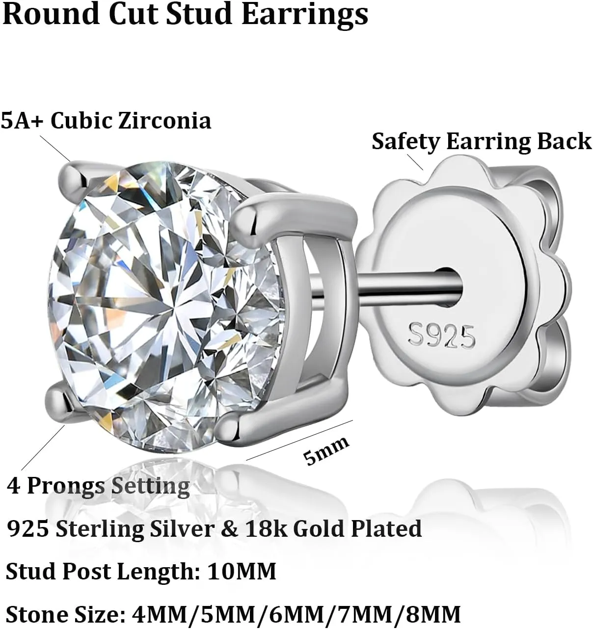 Platinum Plated Round Cut/Square Cut CZ Stud Earrings, 925 Sterling Silver Cubic Zirconia Earrings for Women/Men 4MM-8MM