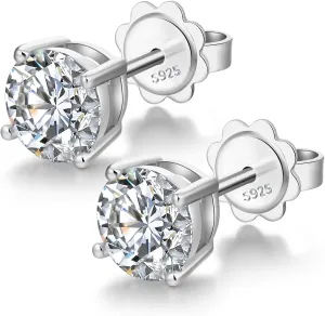 Platinum Plated Round Cut/Square Cut CZ Stud Earrings, 925 Sterling Silver Cubic Zirconia Earrings for Women/Men 4MM-8MM