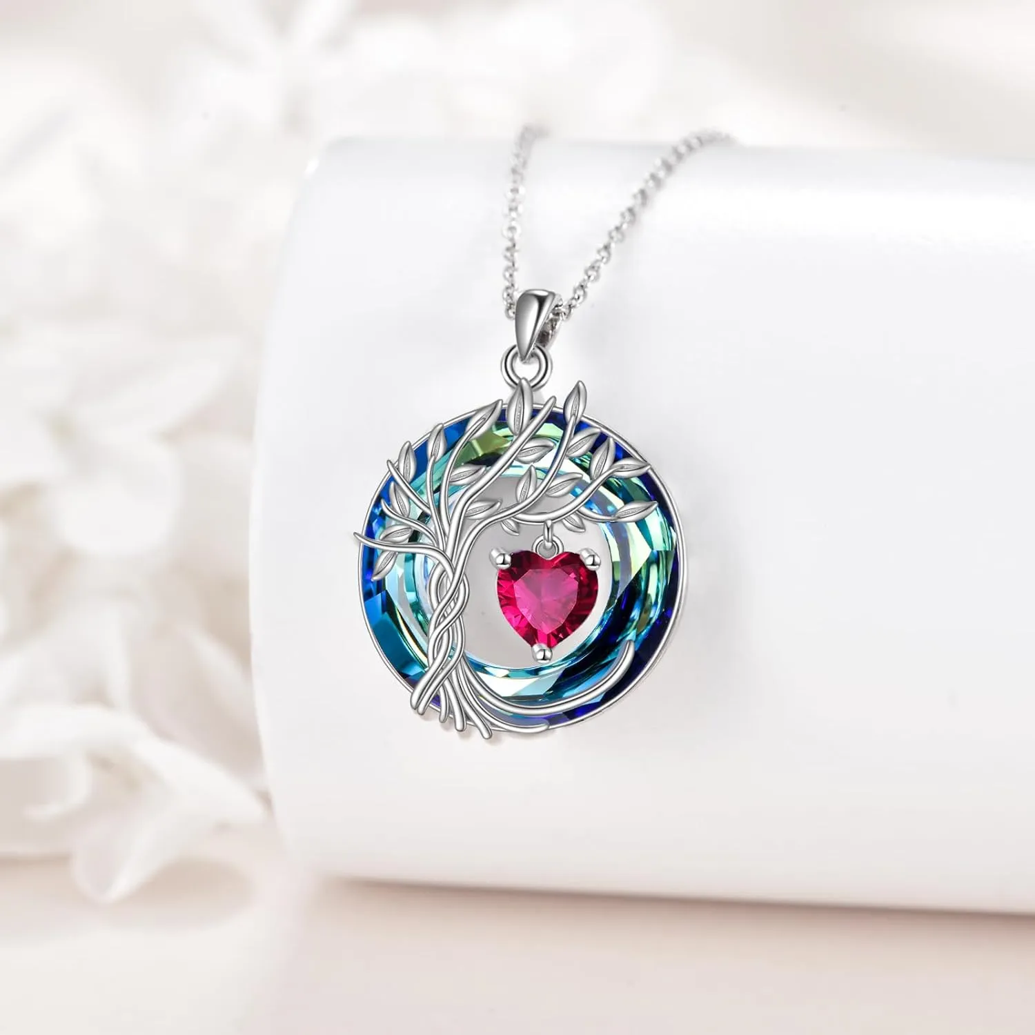POPLYKE Tree of Life Necklace 925 Sterling Silver Birthstone Pendant Necklaces with Crystal Anniversary Birthday Wedding Jewelry for Mom Her Wife Sister