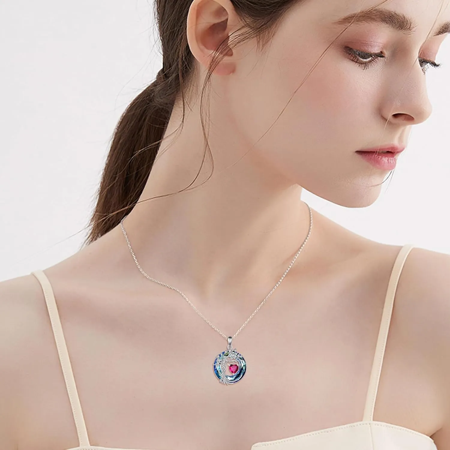 POPLYKE Tree of Life Necklace 925 Sterling Silver Birthstone Pendant Necklaces with Crystal Anniversary Birthday Wedding Jewelry for Mom Her Wife Sister