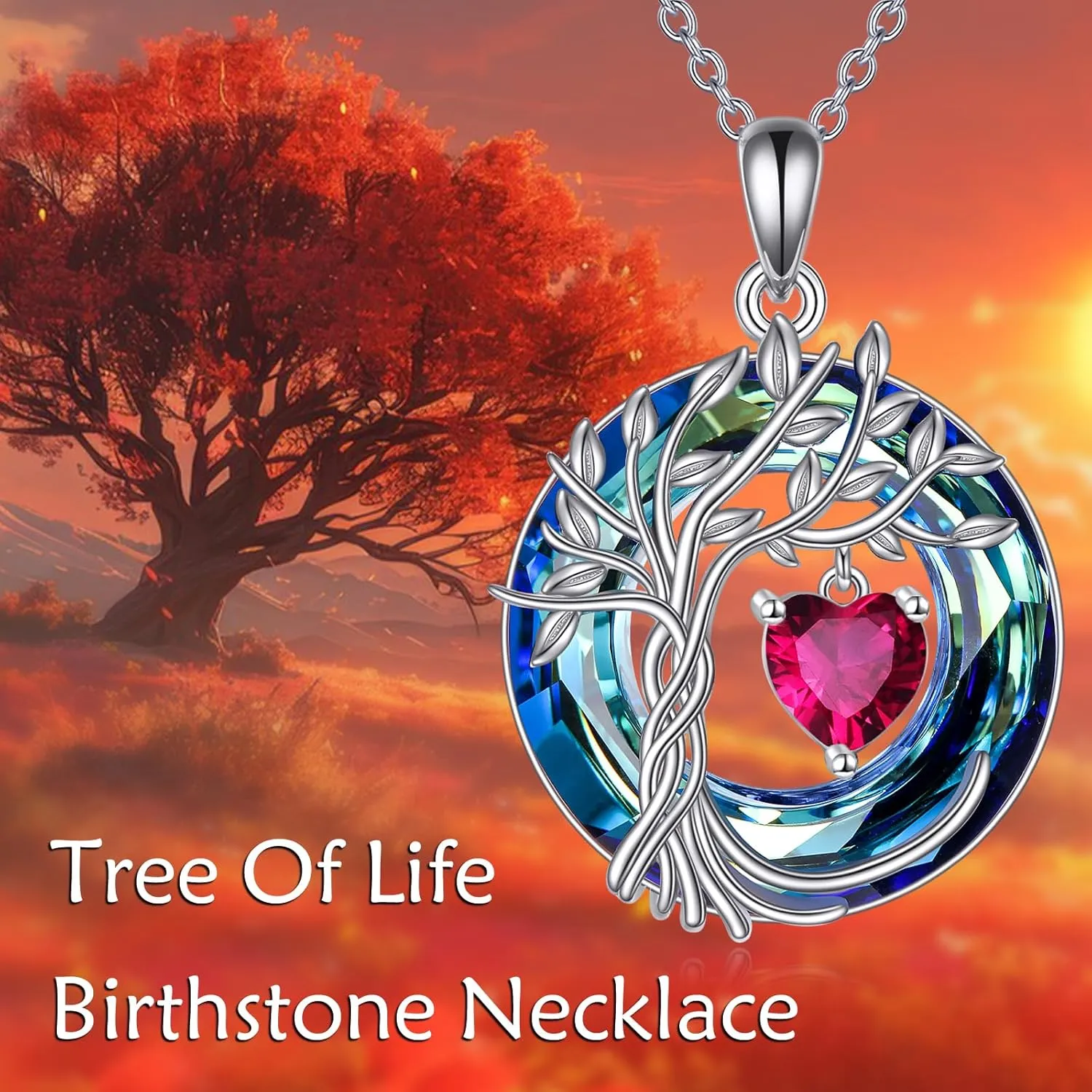 POPLYKE Tree of Life Necklace 925 Sterling Silver Birthstone Pendant Necklaces with Crystal Anniversary Birthday Wedding Jewelry for Mom Her Wife Sister