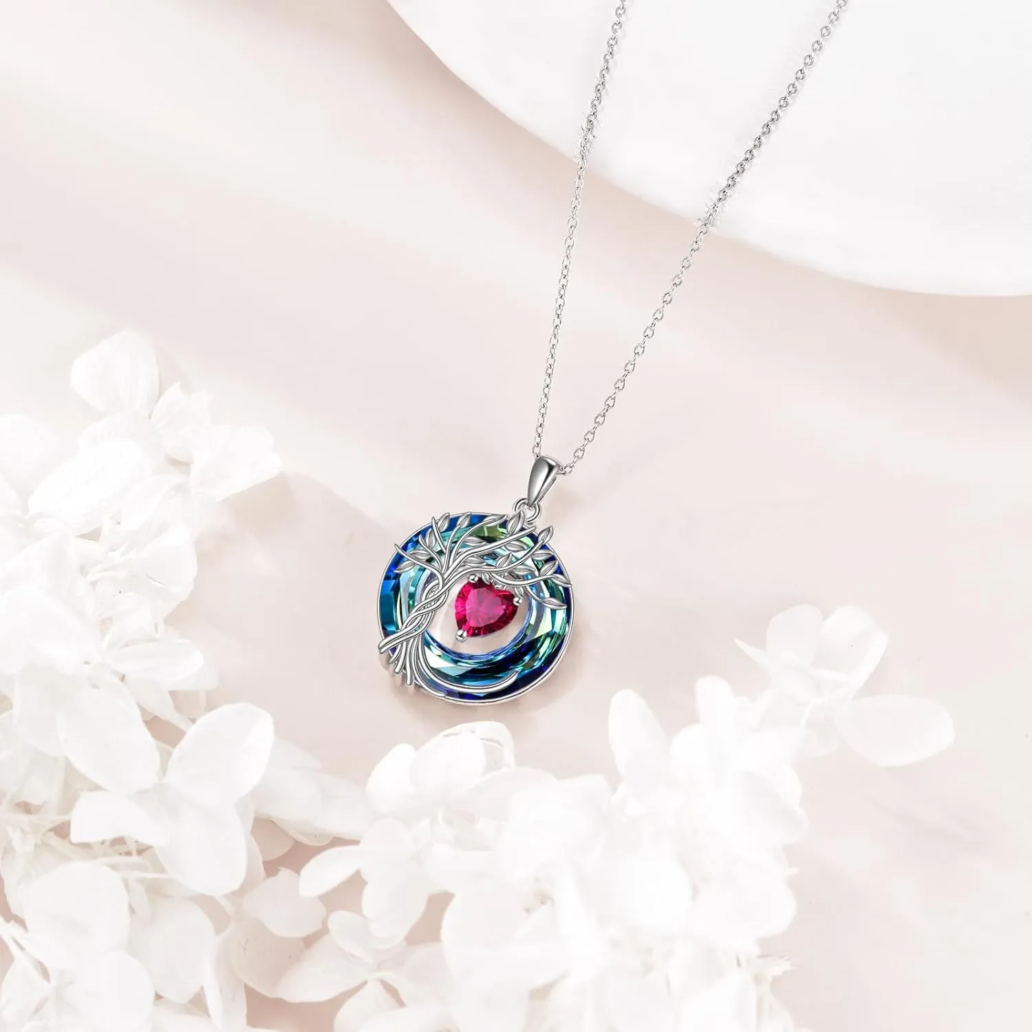 POPLYKE Tree of Life Necklace 925 Sterling Silver Birthstone Pendant Necklaces with Crystal Anniversary Birthday Wedding Jewelry for Mom Her Wife Sister
