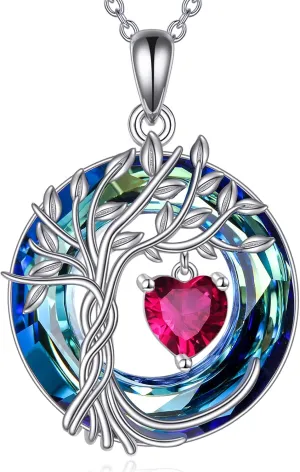 POPLYKE Tree of Life Necklace 925 Sterling Silver Birthstone Pendant Necklaces with Crystal Anniversary Birthday Wedding Jewelry for Mom Her Wife Sister