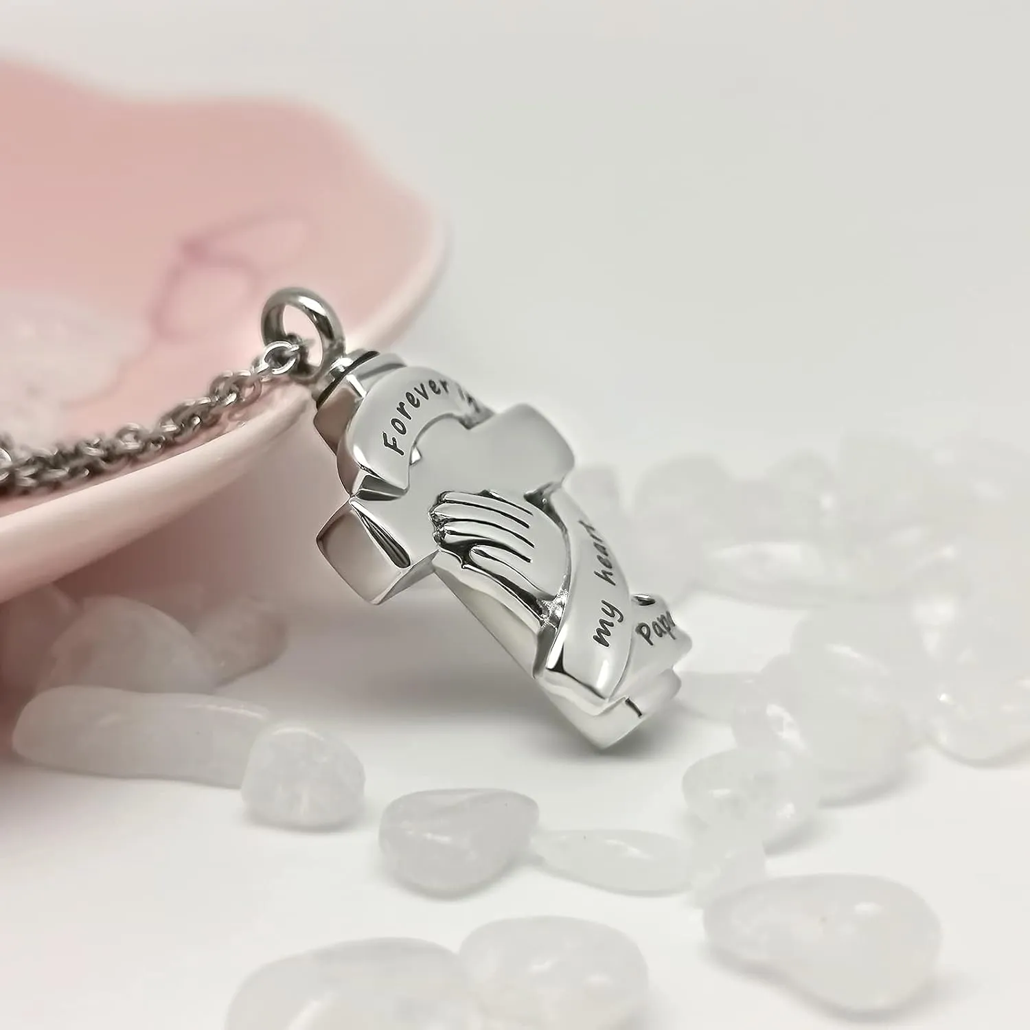 Praying Hands Urn Necklaces for Mom Dad Pet Ashes Crucifix Cremation Keepsake Memorial Pendant Jewelry Forever in My Heart
