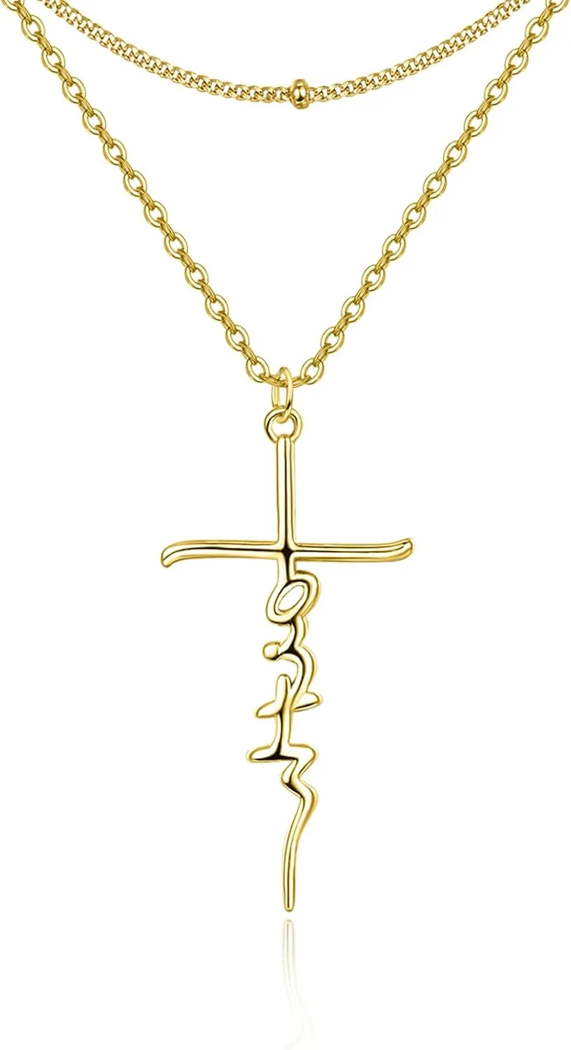 PRAYMOS 925 Sterling Silver Faith Cross Layered Necklace Dainty Simple Pendant Necklace Religious Gifts for Her