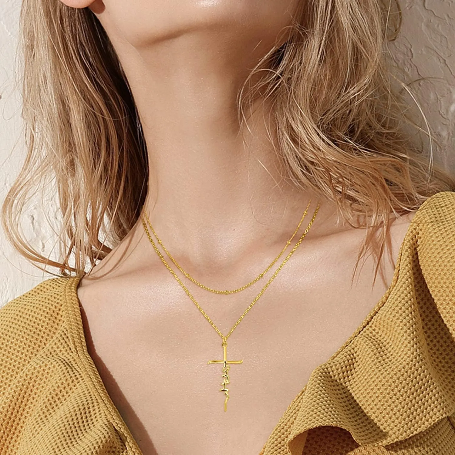 PRAYMOS 925 Sterling Silver Faith Cross Layered Necklace Dainty Simple Pendant Necklace Religious Gifts for Her