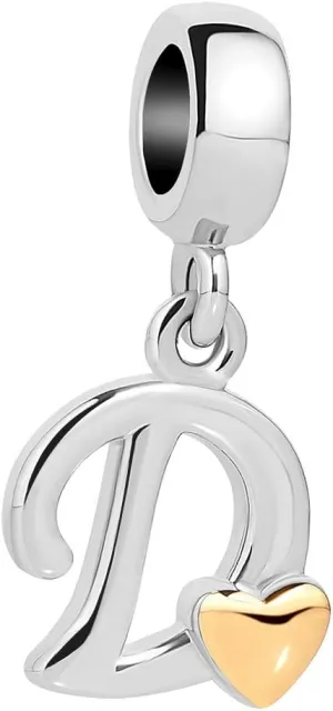 QueenCharms Initial A-Z Letter Charm Golden Heart Alphabet Dangle Beads For Bracelets & Necklaces (D)