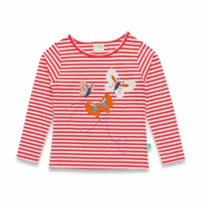 "Baby Girls' Red & White Striped Long Sleeve Top with Embroidered Butterflies"