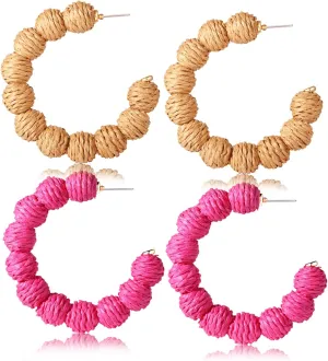 Rattan Earrings for Women Hypoallergenic Bohemian Handmade Rattan Round Circle Ball Hoop Earrings Vintage Weave Straw Hoops Geometric Large Circle Dangling Earrings Statement Summer Beach Jewelry