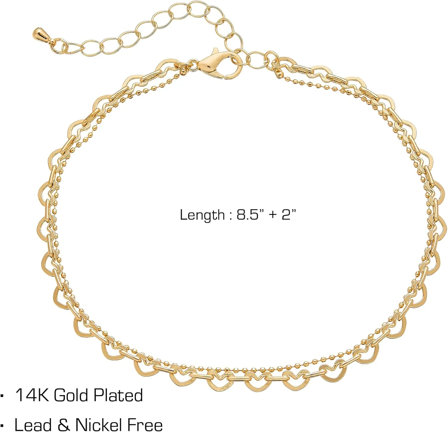 Red by Kiss 14K Gold Plated Glam Fashion Anklet, Hypoallergenic 2 Row Charm, Adjustable Strap, Lead & Nickel Free for Sensitive Skin