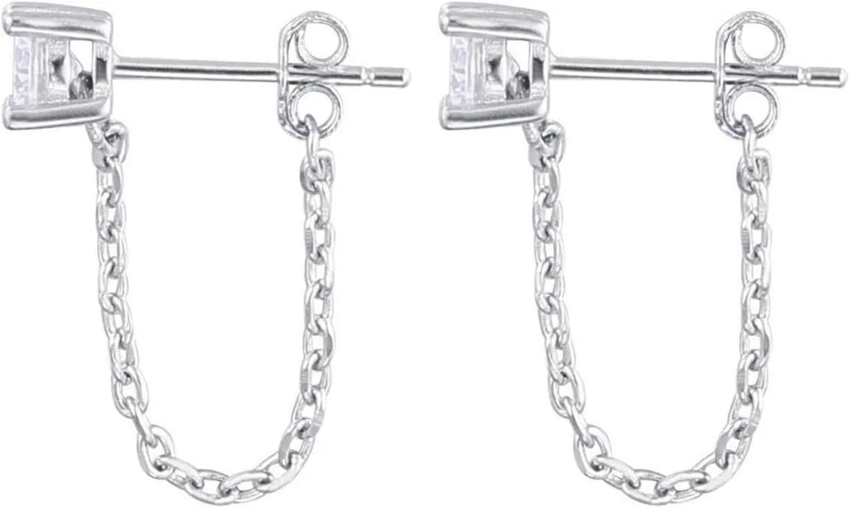 Reffeer 925 Sterling Silver CZ Chain Studs Earrings Dangle for Women Teens CZ Chain Drop Earrings Studs