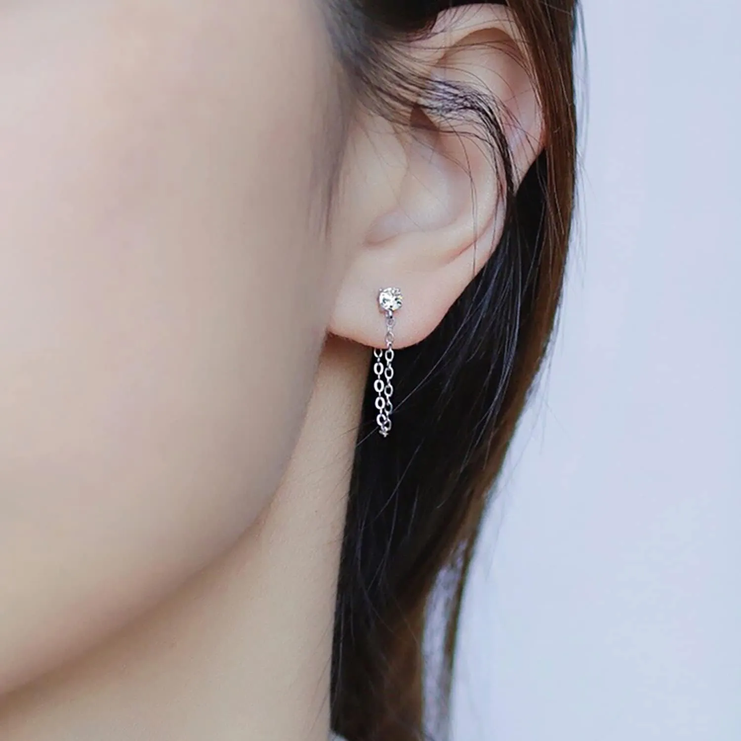 Reffeer 925 Sterling Silver CZ Chain Studs Earrings Dangle for Women Teens CZ Chain Drop Earrings Studs