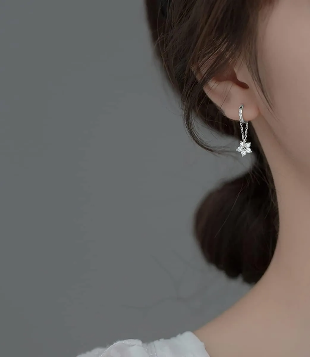 Reffeer 925 Sterling Silver Flower Chain Drop Earrings Hoop for Women Teens Huggie Hoop Dangle Earrings Chain
