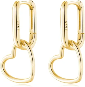 Reffeer 925 Sterling Silver Heart Drop Earrings Hoop for Women Teens Minimalist U Hoop Earrings Link Drop Earrings