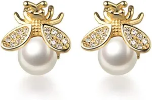 Reffeer Solid 925 Sterling Silver Bumble Bee Stud Earrings for Women Teens Honey Bee Stud Earrings Pearls Mother's Day