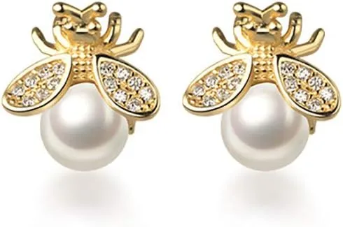 Reffeer Solid 925 Sterling Silver Bumble Bee Stud Earrings for Women Teens Honey Bee Stud Earrings Pearls Mother's Day