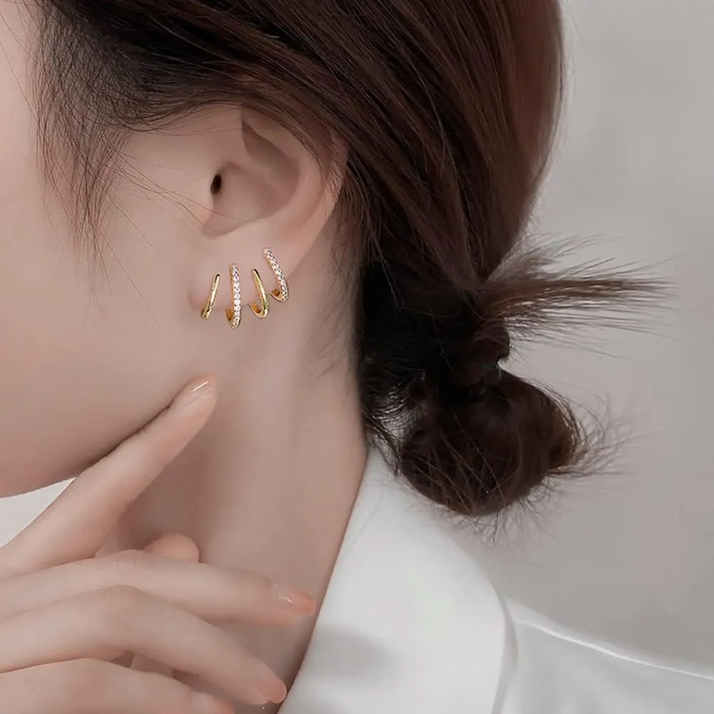 Reffeer Solid 925 Sterling Silver CZ Half Hoop Earrings Huggie for Women Hoops Earrings Ear Lobe Cuff Piercing Studs Earrings
