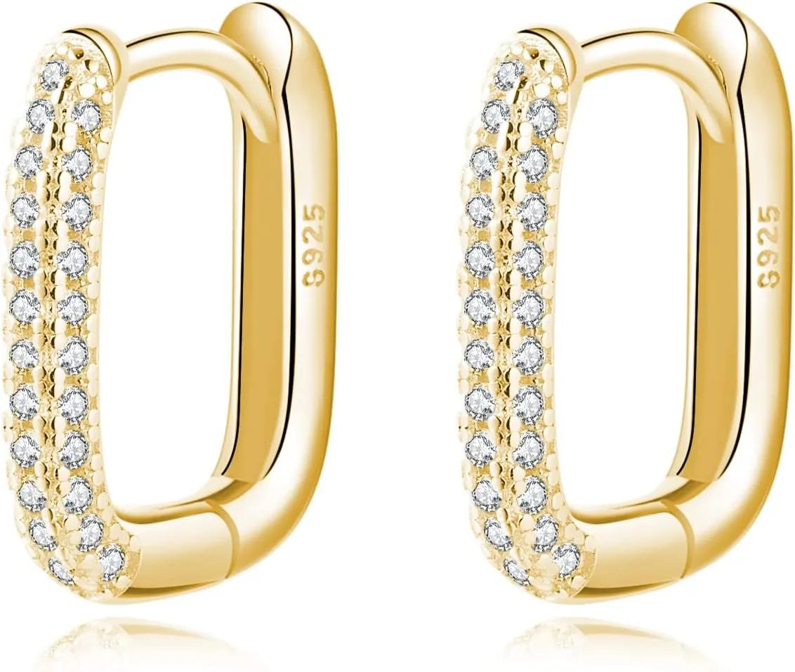 Reffeer Solid 925 Sterling Silver CZ U Hoop Earrings for Women Teens Small Chunky Hoop Earrings U Thick Huggie Earrings