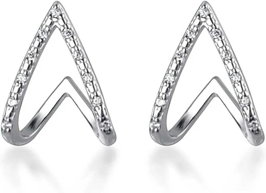 Reffeer Solid 925 Sterling Silver CZ V Cuff Earrings Piercings for Women Teens Claw Huggie Earrings Studs