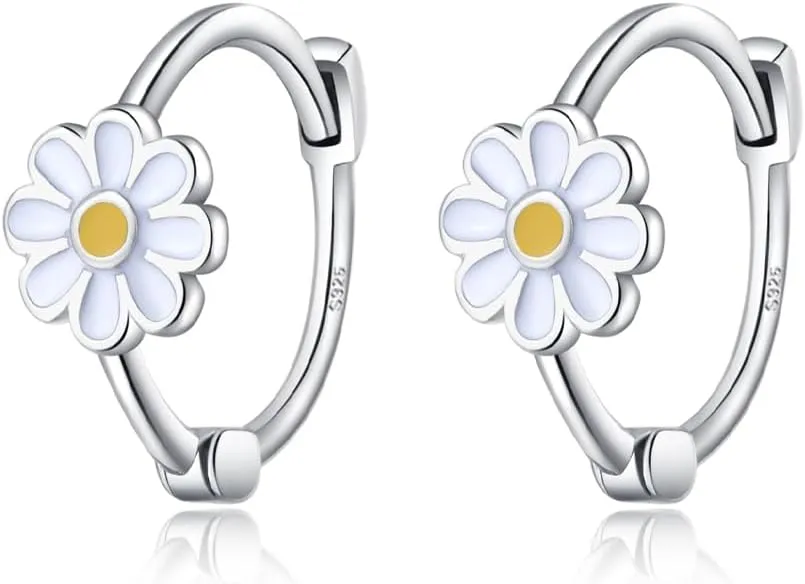 Reffeer Solid 925 Sterling Silver Daisy Flower Hoop Earrings for Women Teens Flower Hoop Earrings Spring Cartilage Helix Earrings