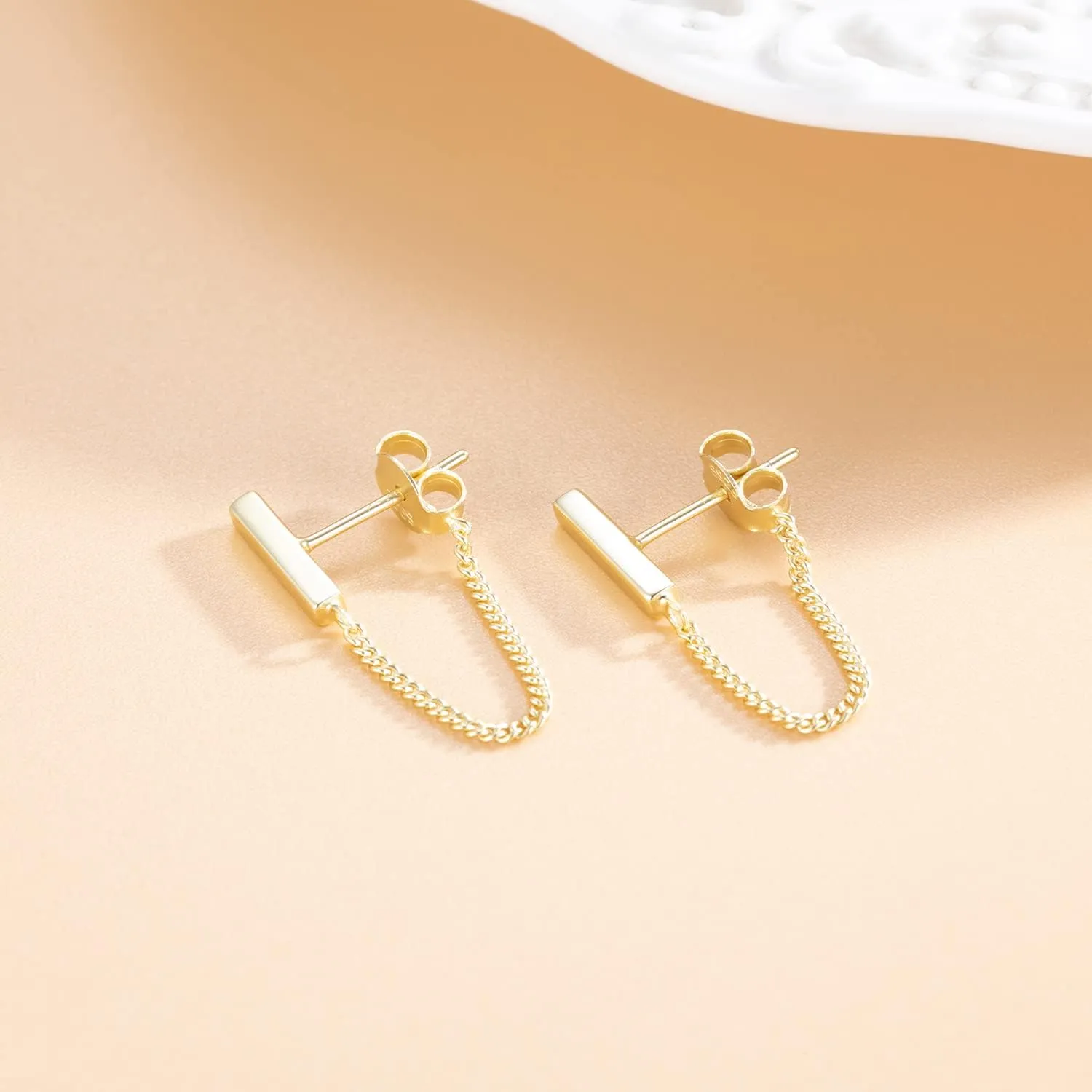 Reffeer Solid 925 Sterling Silver Stud Earrings Minimalist Bar Earrings with Chain Dangle Earrings For Women