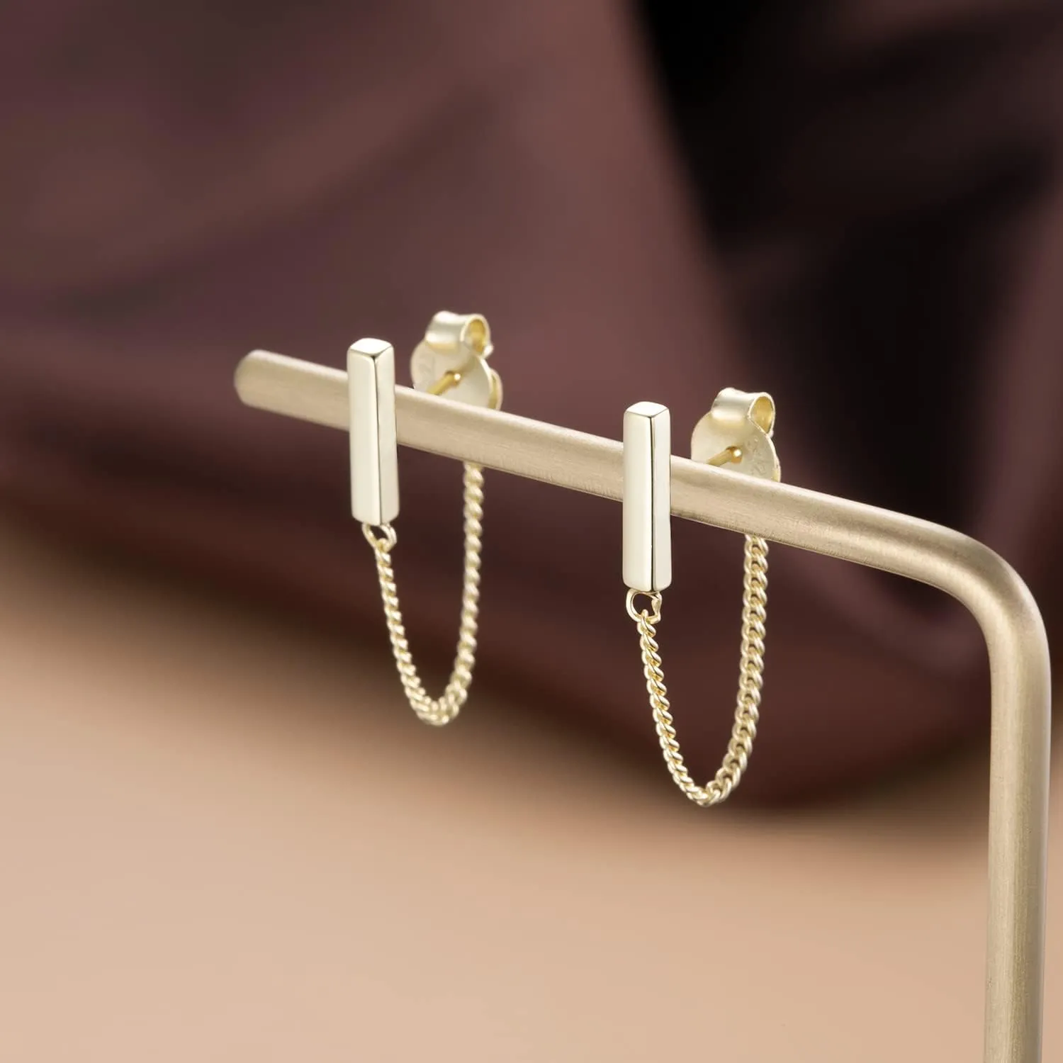 Reffeer Solid 925 Sterling Silver Stud Earrings Minimalist Bar Earrings with Chain Dangle Earrings For Women