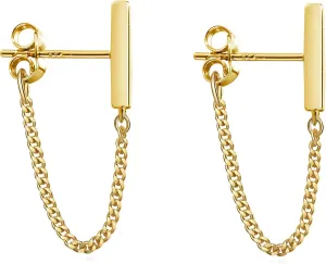 Reffeer Solid 925 Sterling Silver Stud Earrings Minimalist Bar Earrings with Chain Dangle Earrings For Women
