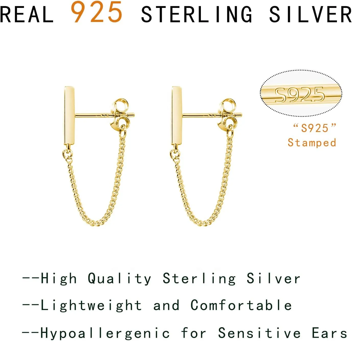 Reffeer Solid 925 Sterling Silver Stud Earrings Minimalist Bar Earrings with Chain Dangle Earrings For Women