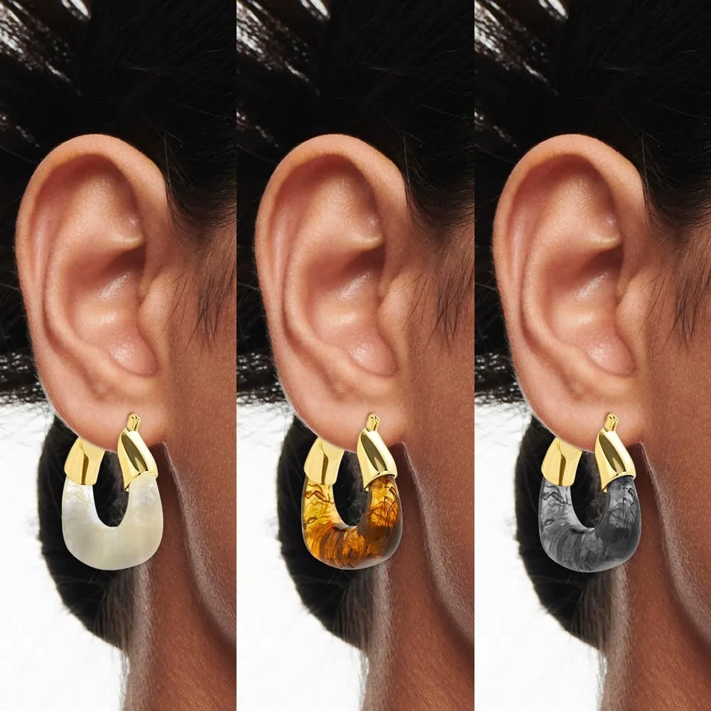 Resin Hoops Earrings - Statement Loop Earings Hypoallergenic Nickel Free, U Shape Latch Back Earings for Sensitive Earlobes