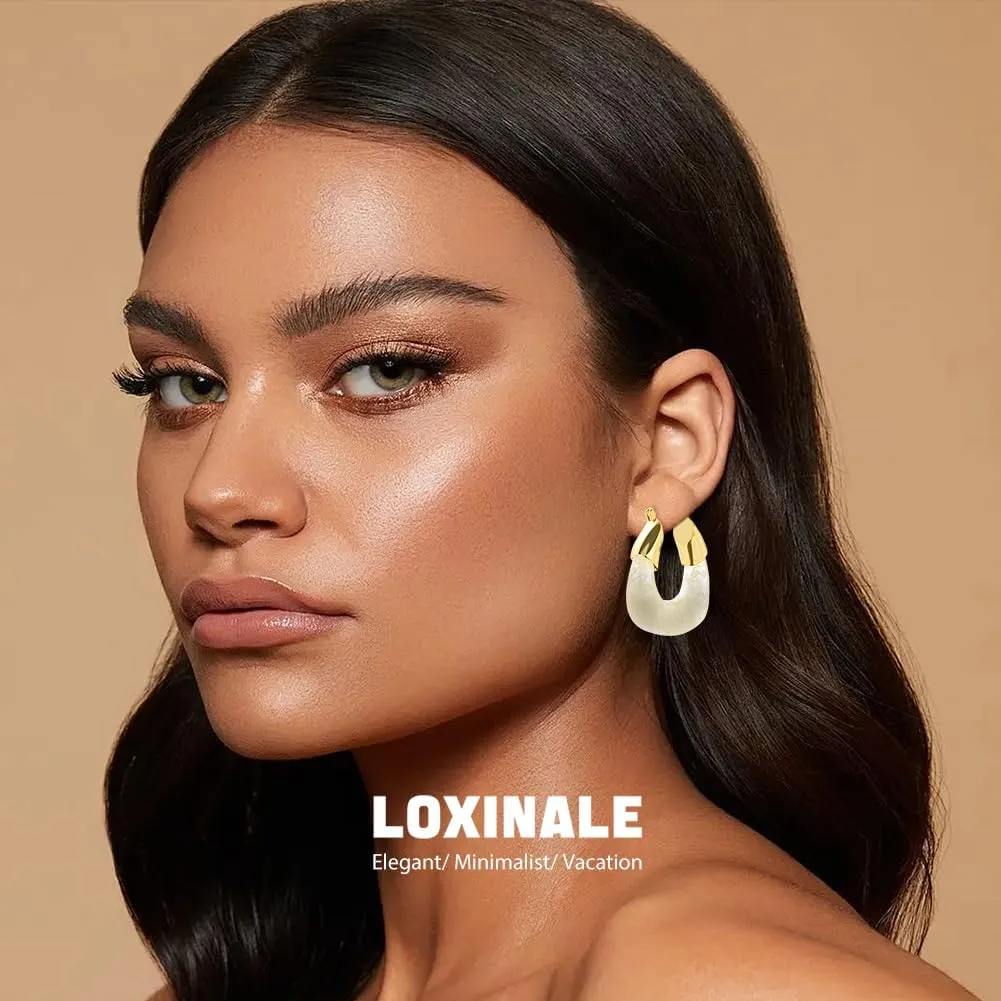 Resin Hoops Earrings - Statement Loop Earings Hypoallergenic Nickel Free, U Shape Latch Back Earings for Sensitive Earlobes