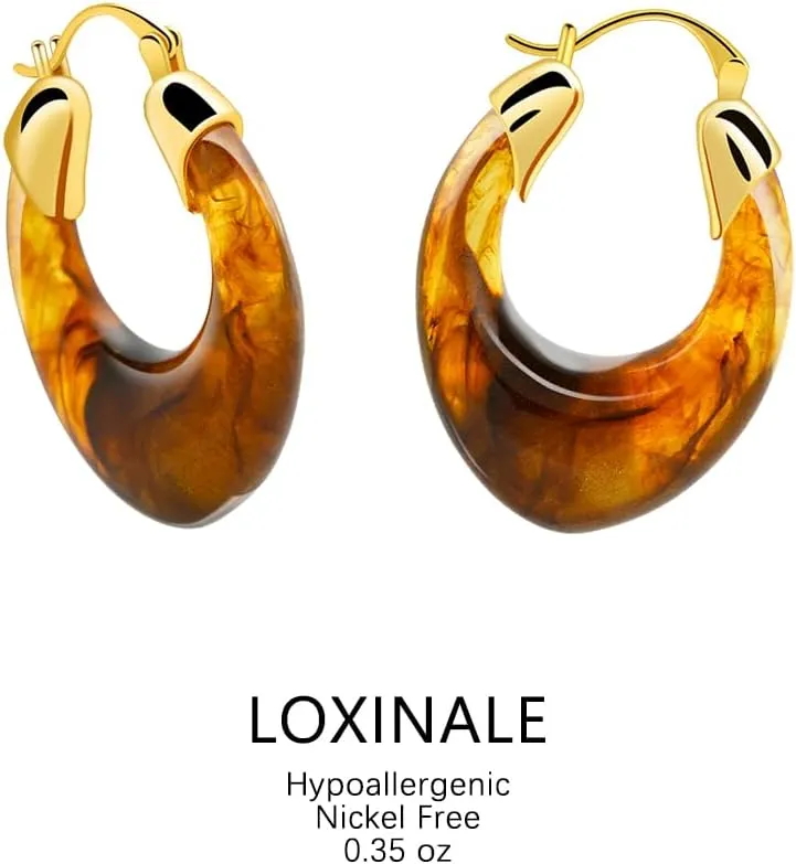 Resin Hoops Earrings - Vintage Chunky Loop Earings Hypoallergenic Nickel Free, Statement U Shape Earings for Sensitive Earlobes