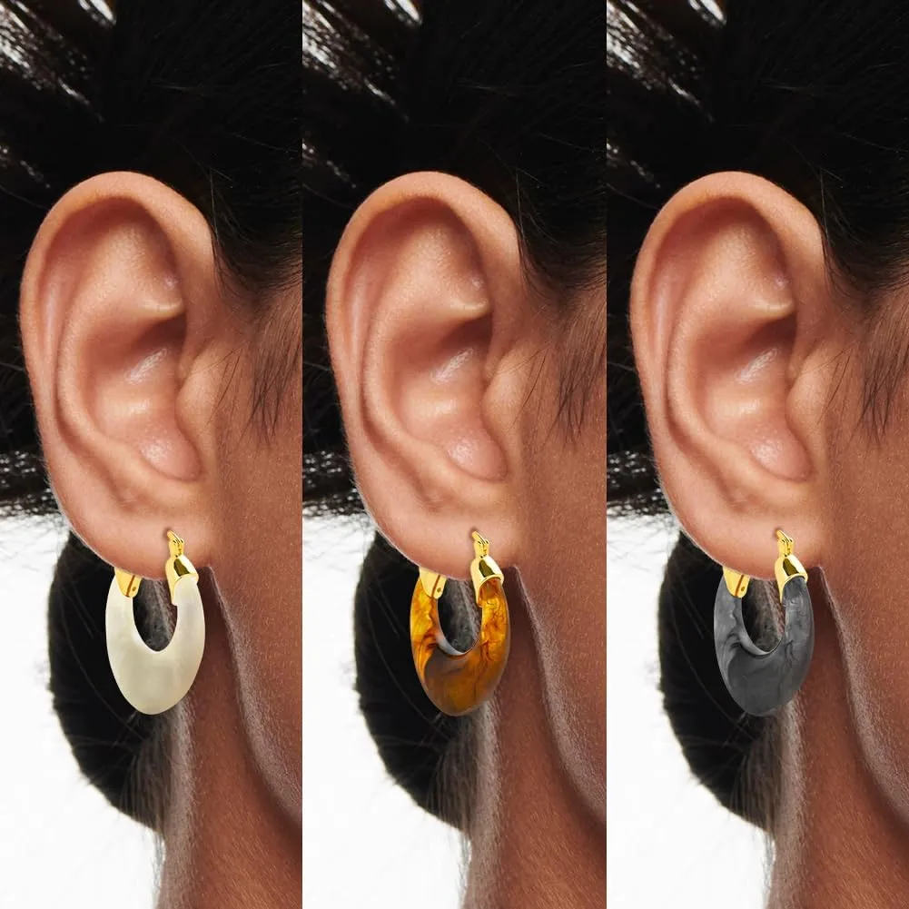 Resin Hoops Earrings - Vintage Chunky Loop Earings Hypoallergenic Nickel Free, Statement U Shape Earings for Sensitive Earlobes