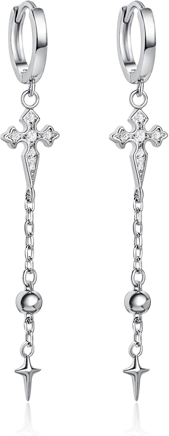 Rhodium Plated Shiny Rhinestone Huggie Hoop Dangle Cross Earrings for Women lightweight/Hypoallergenic With Small Ball Nickel Free Family Friends Gifts