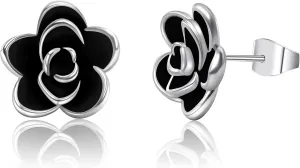 Rose Flower Stud Earrings for Women, 18K Gold Plated Enamel Craft Black Rose Flower Earrings Cute Earrings Jewelry Gifts for Mother's Day
