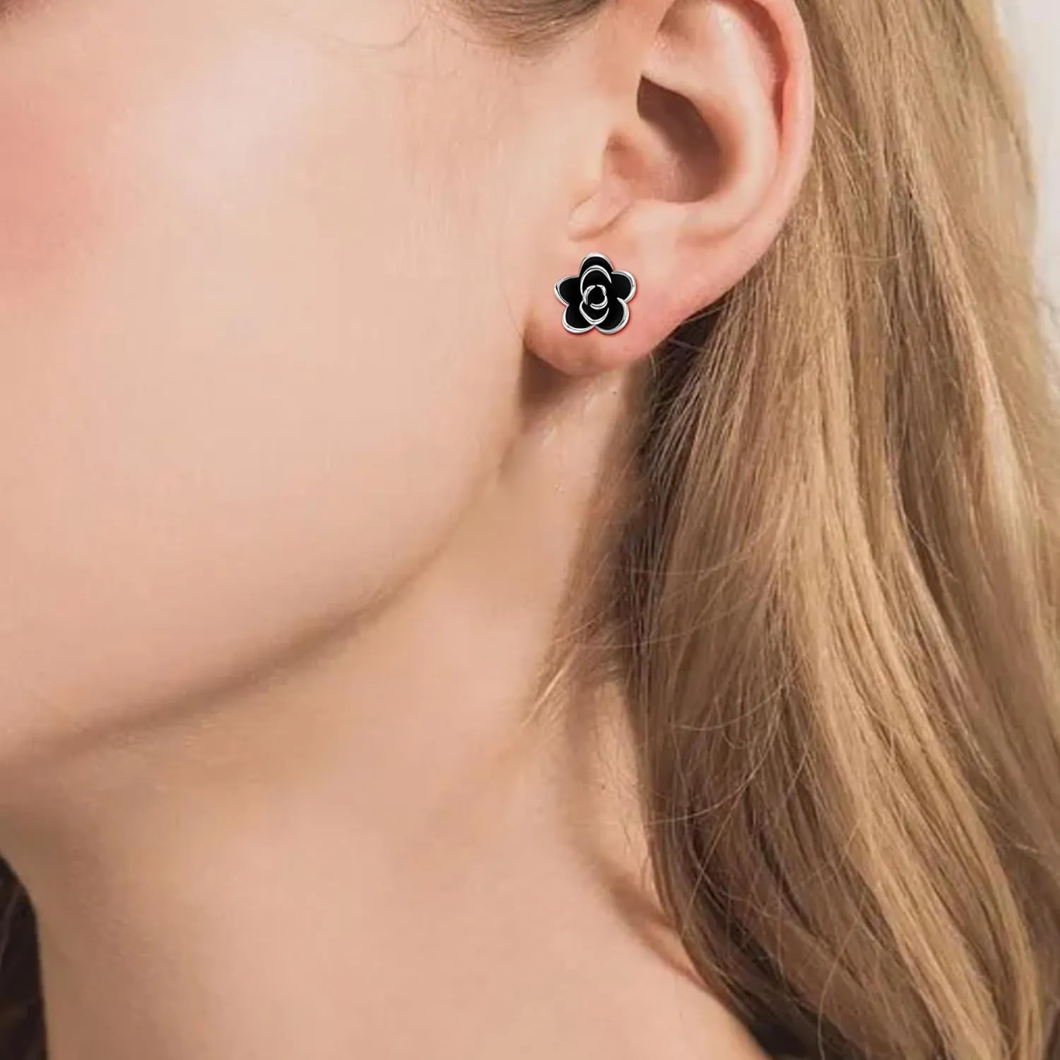 Rose Flower Stud Earrings for Women, 18K Gold Plated Enamel Craft Black Rose Flower Earrings Cute Earrings Jewelry Gifts for Mother's Day
