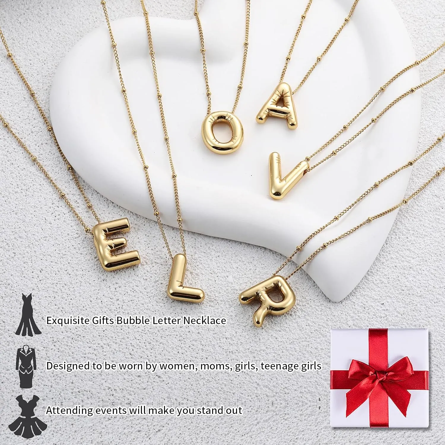 RWQIAN Initial Necklaces for Women Bubble,Gold Plated Initial A-Z Alphabet Pendant Necklace,Dainty Letter Puffy Name Personalized Jewelry Gifts for Girls