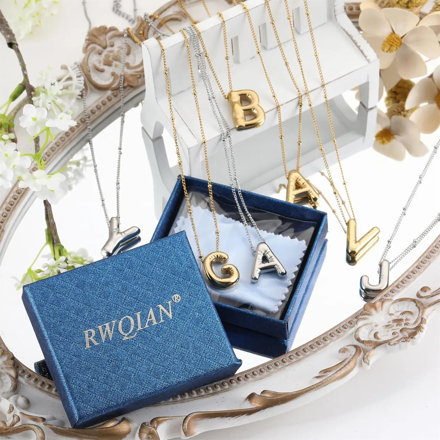 RWQIAN Initial Necklaces for Women Bubble,Gold Plated Initial A-Z Alphabet Pendant Necklace,Dainty Letter Puffy Name Personalized Jewelry Gifts for Girls