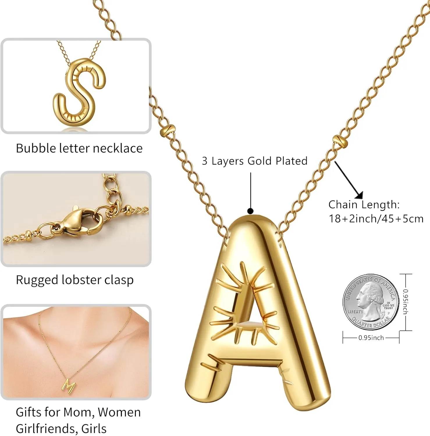 RWQIAN Initial Necklaces for Women Bubble,Gold Plated Initial A-Z Alphabet Pendant Necklace,Dainty Letter Puffy Name Personalized Jewelry Gifts for Girls