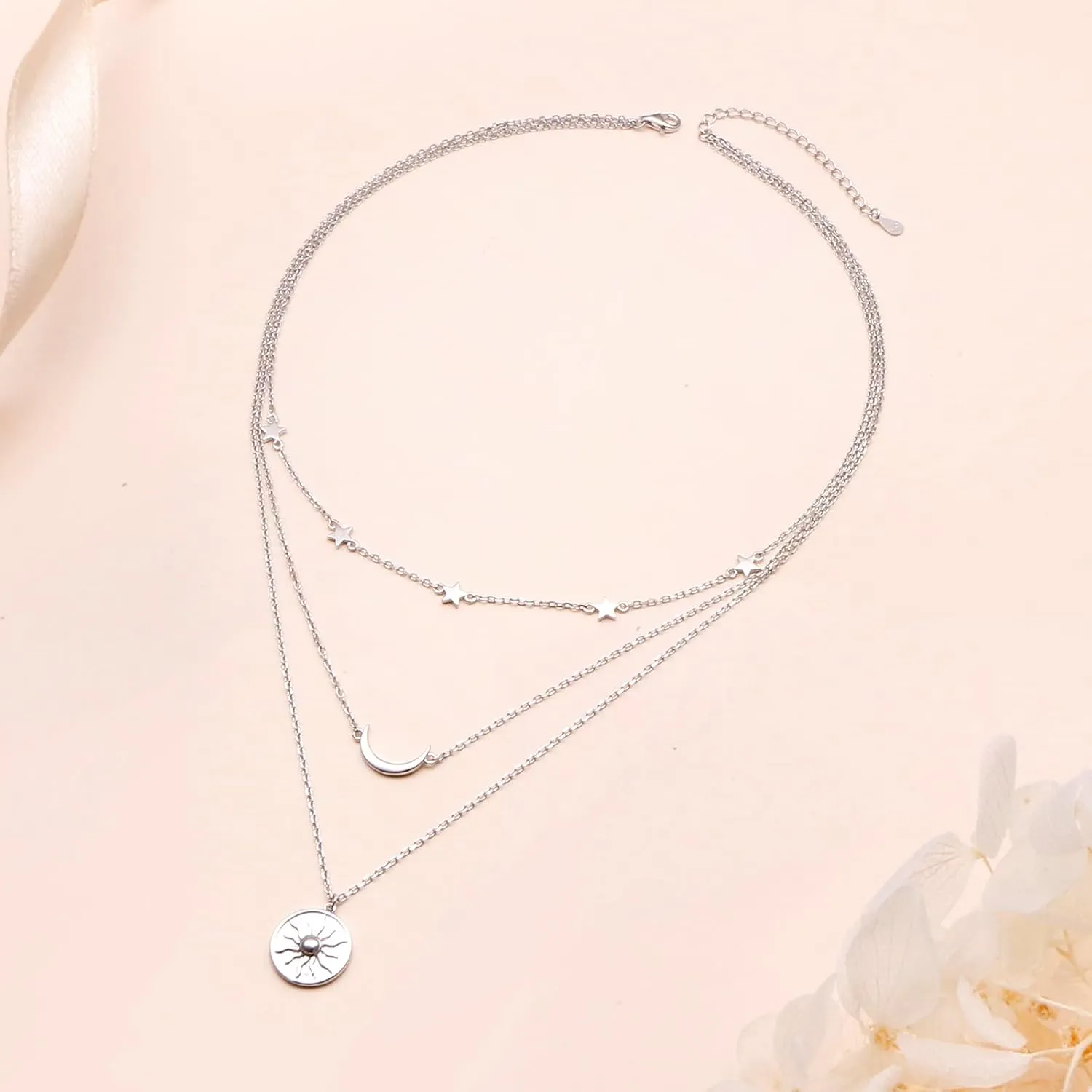 S925 Sterling Silver Layered Necklaces Multi 3 Layer Circle Bar Boho Long Triple Choker Pendant Necklace Jewerly Gift for Women