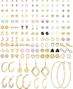 SAILIMUE 84 Pairs Assorted Multiple Stud Earrings Hoop Set Dangle Cute Hypoallergenic CZ Bow Butterfly Flower Leaf Ball Simple Drop Earrings Stud for Women Pack