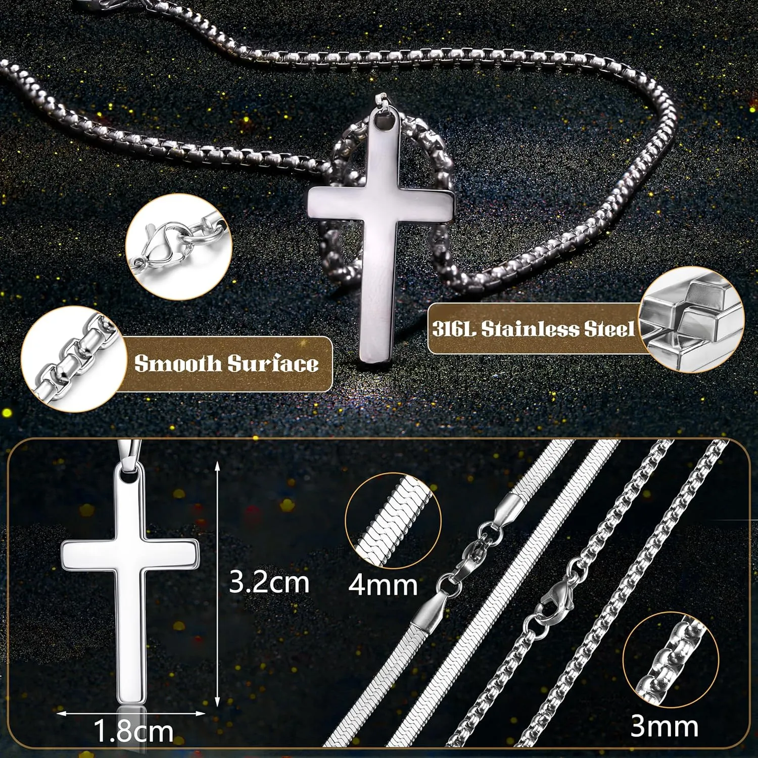 sailimue Cross Necklace for Men - Layered Cross Chain Stainless Steel Crucifix Pendant Gold Black Silver 16-24 Inch - Snake Rope Cuban Link - Gift Box Included