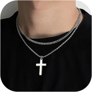 sailimue Cross Necklace for Men - Layered Cross Chain Stainless Steel Crucifix Pendant Gold Black Silver 16-24 Inch - Snake Rope Cuban Link - Gift Box Included